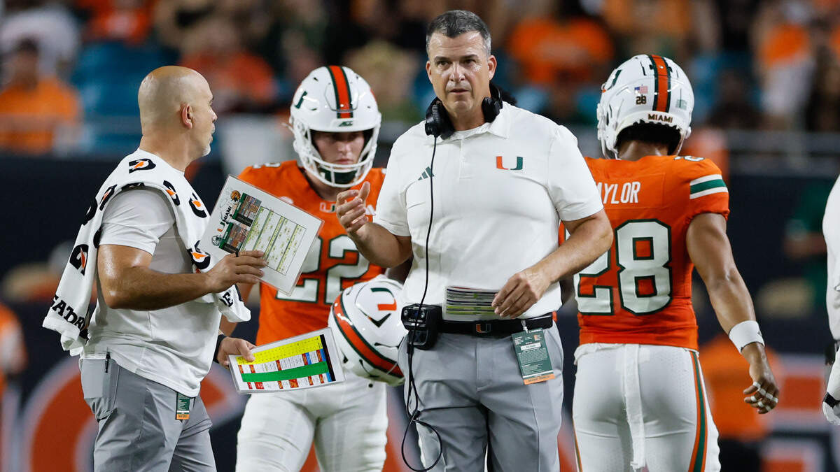 Miami Hurricanes head coach Mario Cristobal on the field in the first half against Florida A&M Rattlers at Hard Rock Stadium at Miami Gardens on Thursday, September 10, 2026.